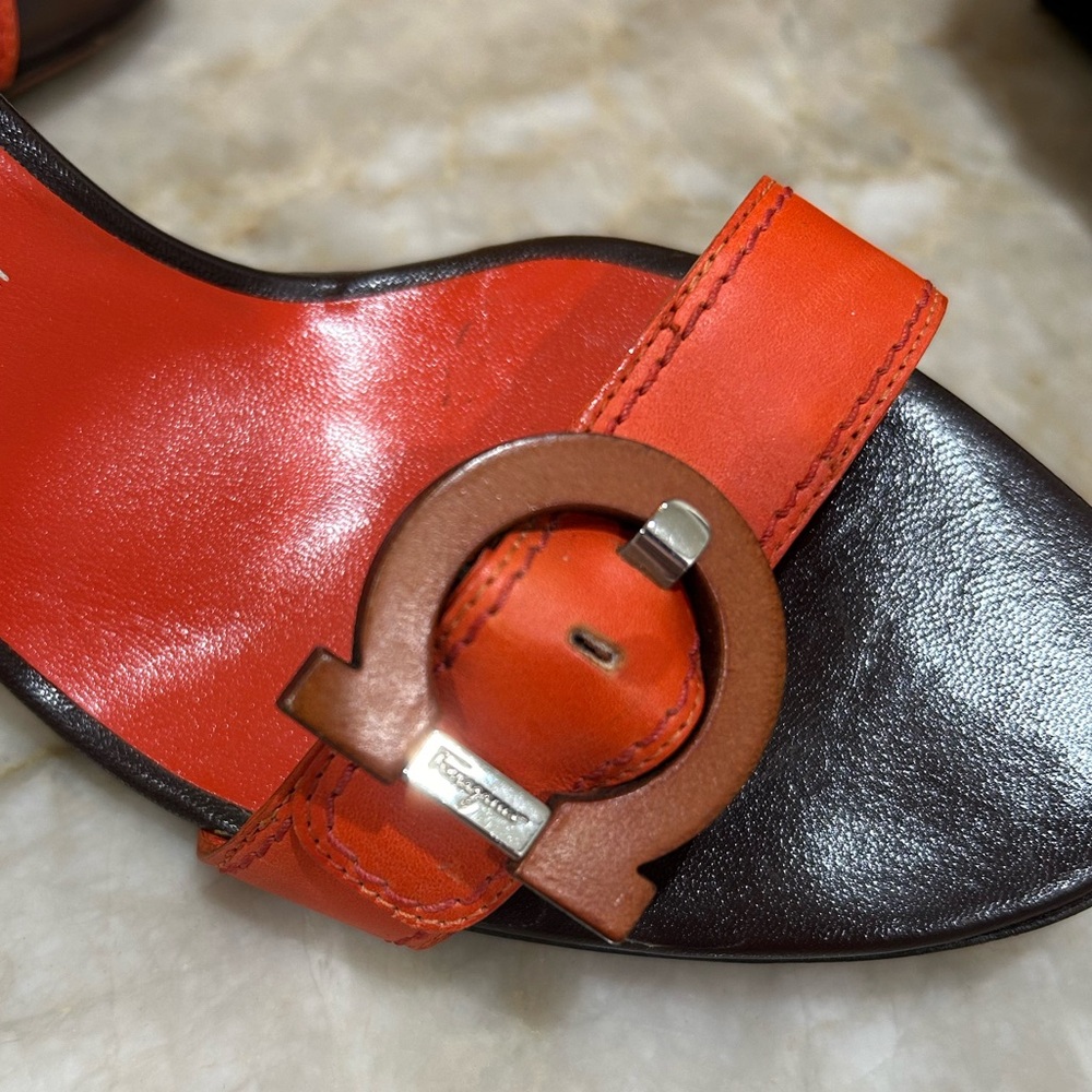Salvatore Ferragamo Kitten Slingback Heels Orange Brown Leather Size 7.5 - Picture 4 of 9